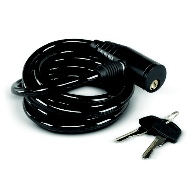 A black coiled cable lock with a cylindrical lock body and two metal keys, photographed on a plain white background.