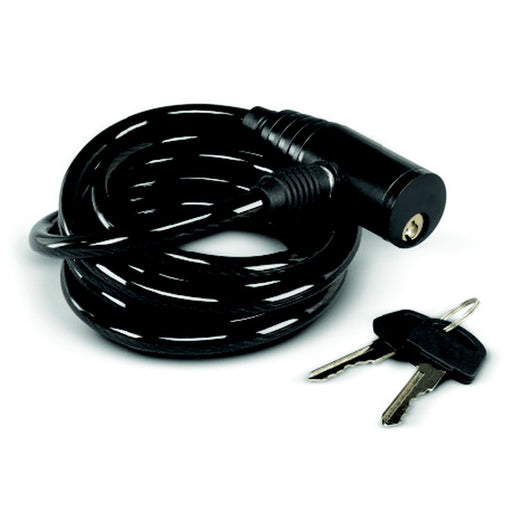 A black coiled cable lock with a cylindrical lock body and two metal keys, photographed on a plain white background.