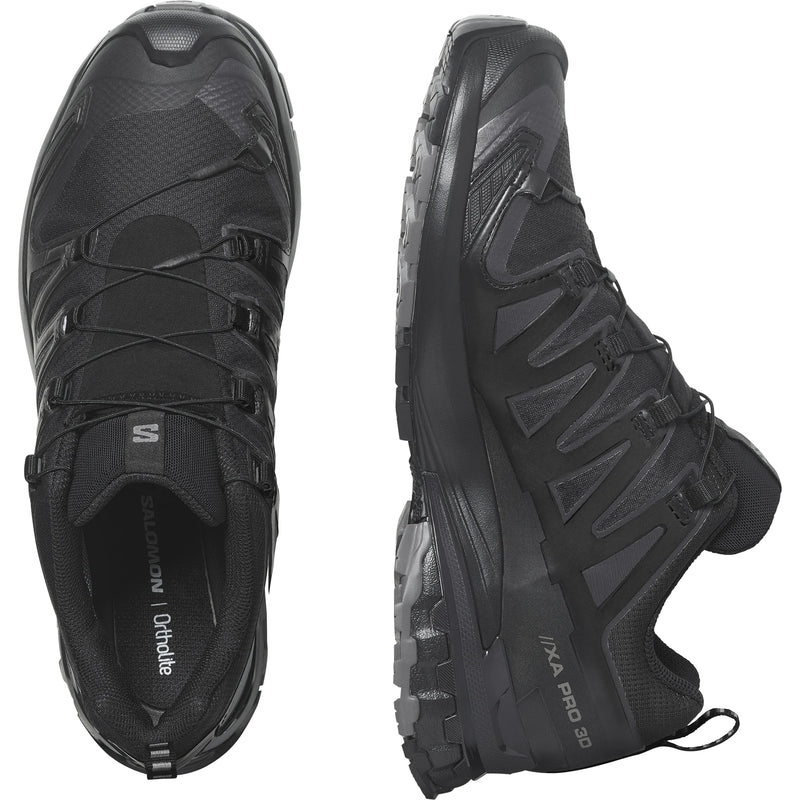Black hiking shoes with brand logo on a white background