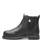 Black leather boot with a visible brand logo on a white background