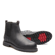 Black Chelsea boots with red sole pattern on a white background