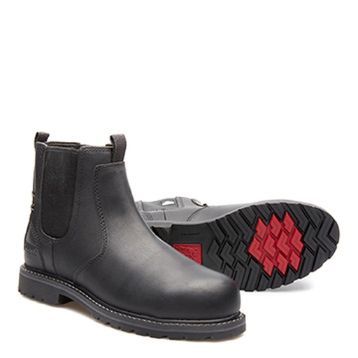 Black Chelsea boots with red sole pattern on a white background