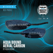 Aqua Bound Aerial Carbon paddle on a blue wavy background with awards text.
