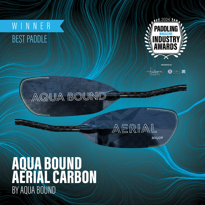 Aqua Bound Aerial Carbon paddle on a blue wavy background with awards text.
