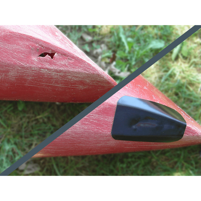 Close-up of a red kayak hull outdoors on grass, with a black repair patch attached near the pointed bow. A diagonal split overlay divides the photo into two halves, showing the hole in the hull, and the repair patch covering it in the after photo.