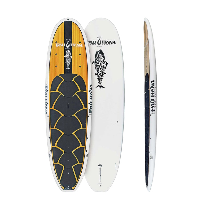 Two views of a surfboard with 'Pau Ohana' branding on a light gray background