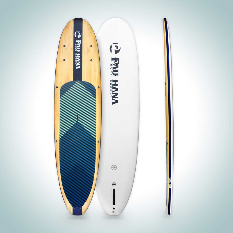 Multiple views of a paddleboard. The top is brown and blue and the bottom is white with a Pau Hana logo visible on each.