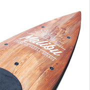 Wooden paddleboard with a Malibu branding on a white background.