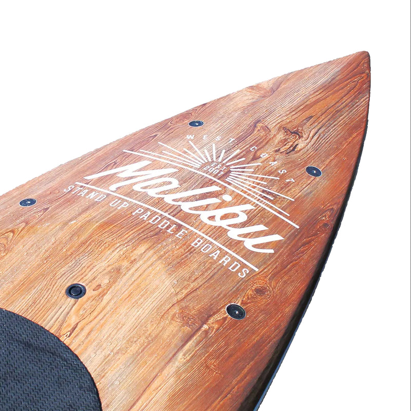 Wooden paddleboard with a Malibu branding on a white background.