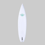 White paddleboard with blue lettering on it on a grey background.