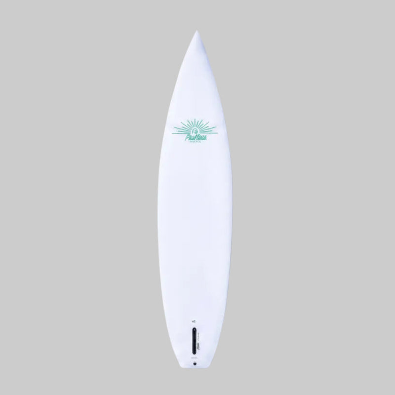 White paddleboard with blue lettering on it on a grey background.