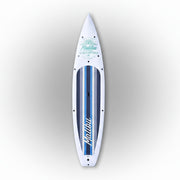 White paddleboard with blue accents and a Malibu logo on a white background.