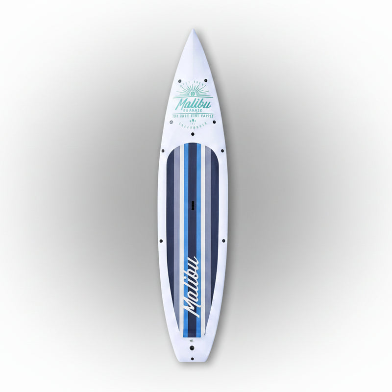 White paddleboard with blue accents and a Malibu logo on a white background.