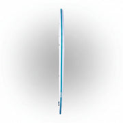 Side view of a white and blue paddleboard on a white background.