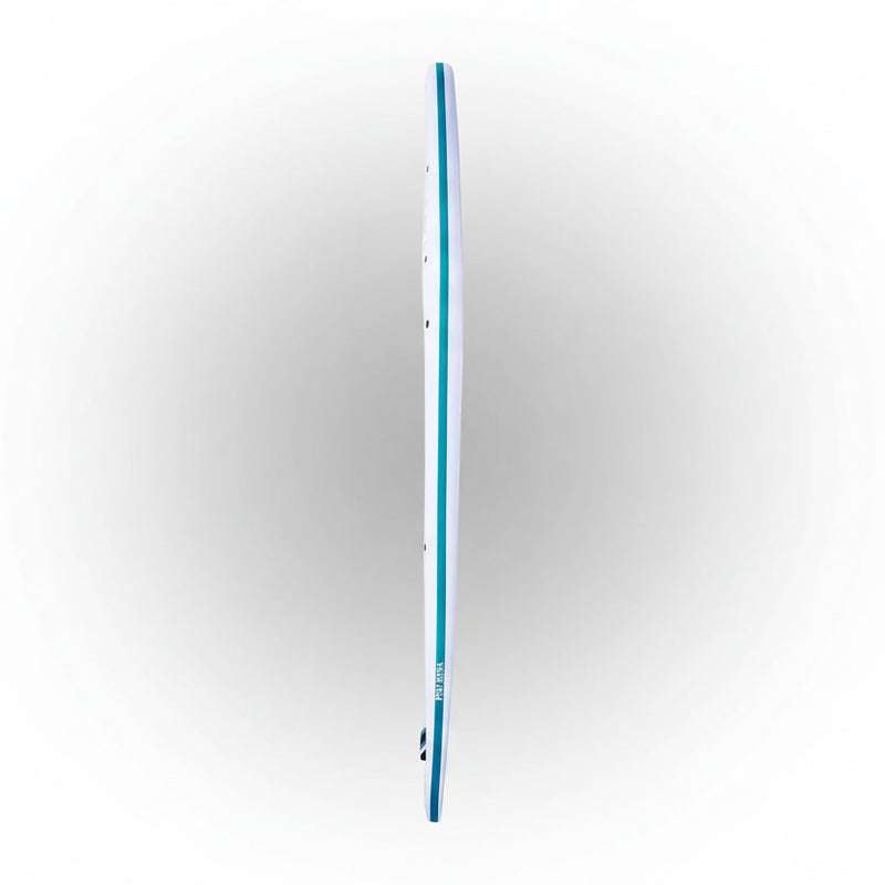 Side view of a white and blue paddleboard on a white background.