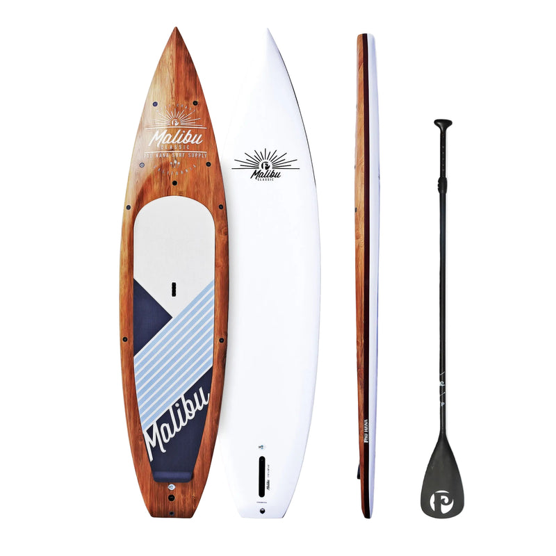 Multiple angles of a wooden paddleboard with a Malibu logo and a paddle on a white background.