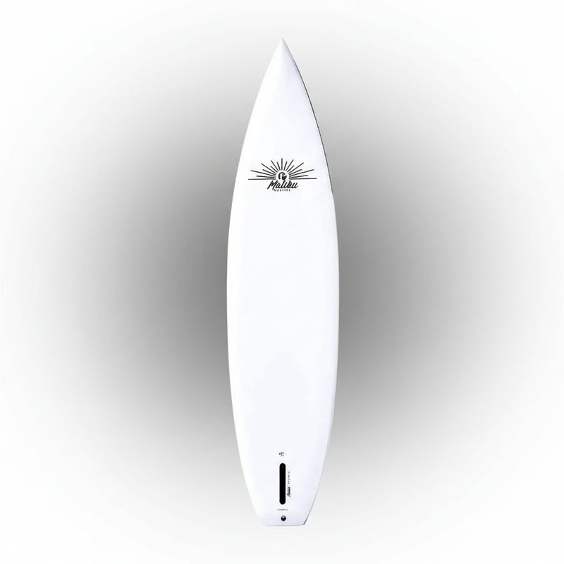 White paddleboard with a black Malibu logo on a white background.