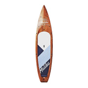 Wooden paddleboard with a Malibu logo on a white background.