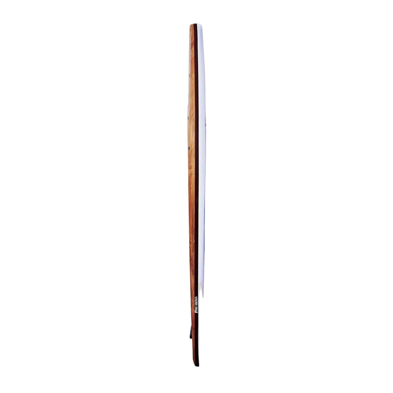 Side view of a wooden paddleboard on a white background.