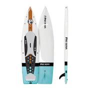 Paddleboard in teal and white shown in 3 angles (top, bottom, side view)