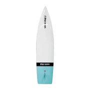 White and turquoise surfboard with 'Pau Hana' branding on a light gray background