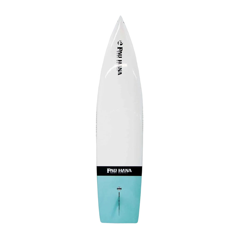White and turquoise surfboard with 'Pau Hana' branding on a light gray background