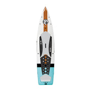 Paddleboard with a white, blue, and brown design on a light gray background