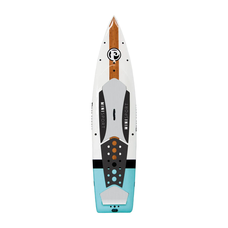Paddleboard with a white, blue, and brown design on a light gray background