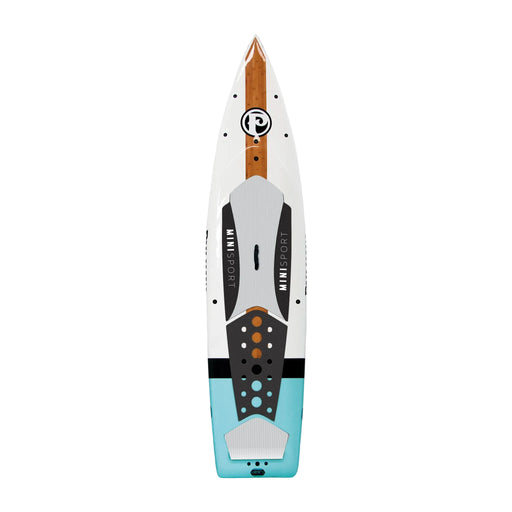 Paddleboard with a white, blue, and brown design on a light gray background