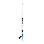 Paddleboard shown from the side in white and teal with a fin on a light gray background