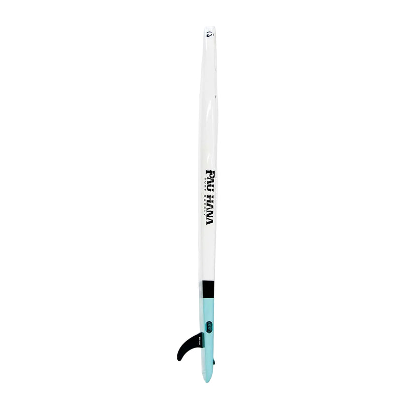 Paddleboard shown from the side in white and teal with a fin on a light gray background