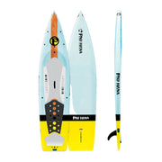 Multiple views of a blue and yellow paddleboard with a Pau Hana logo visible on all sides on a white background.