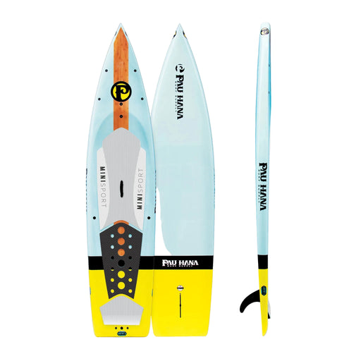 Multiple views of a blue and yellow paddleboard with a Pau Hana logo visible on all sides on a white background.