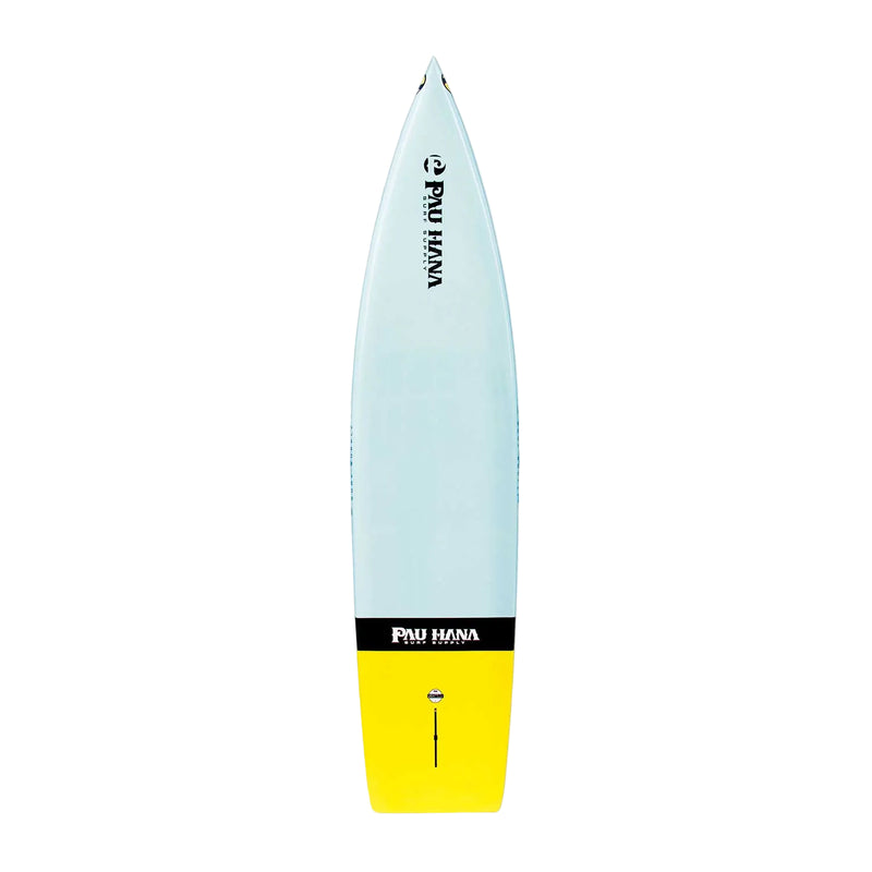 Blue and yellow paddleboard with a Pau Hana logo on it on a white background.