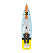 Blue and yellow paddleboard with a Pau Hana logo on it on a white background.
