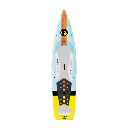 Blue and yellow paddleboard with a Pau Hana logo on it on a white background.