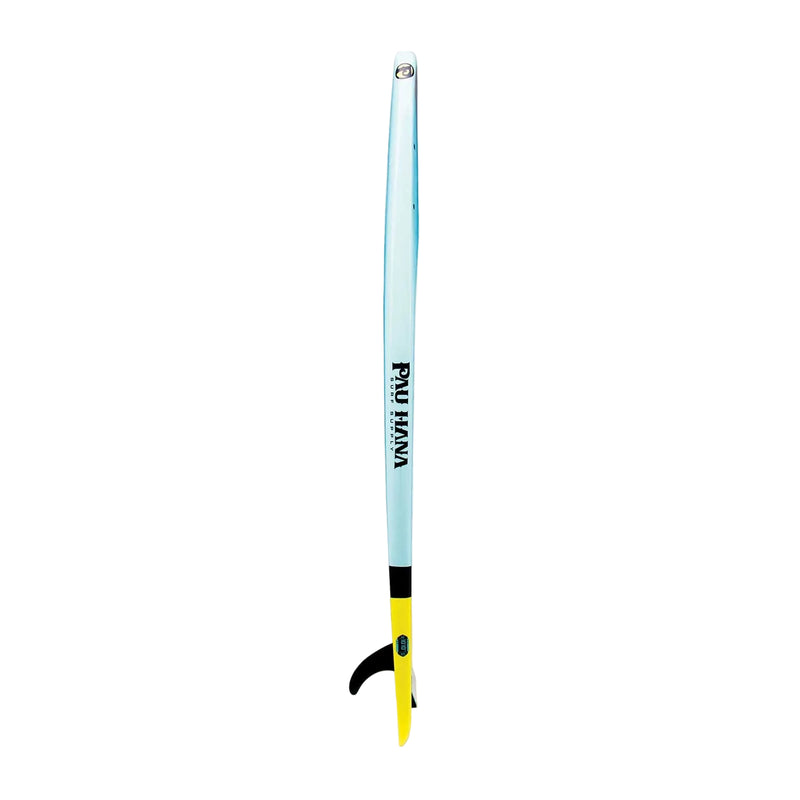Side view of a blue and yellow paddleboard on a white background.