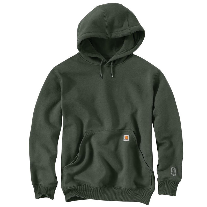 Dark green hoodie with Carhartt logo on the pocket against a white background.