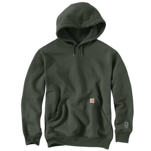 Dark green hoodie with Carhartt logo on the pocket against a white background.