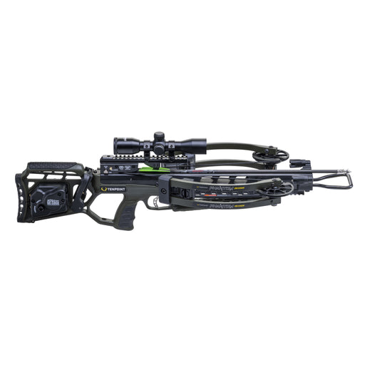 A black and dark gray TenPoint crossbow with an attached scope, quiver, and stabilizer, shown in profile against a solid white background.