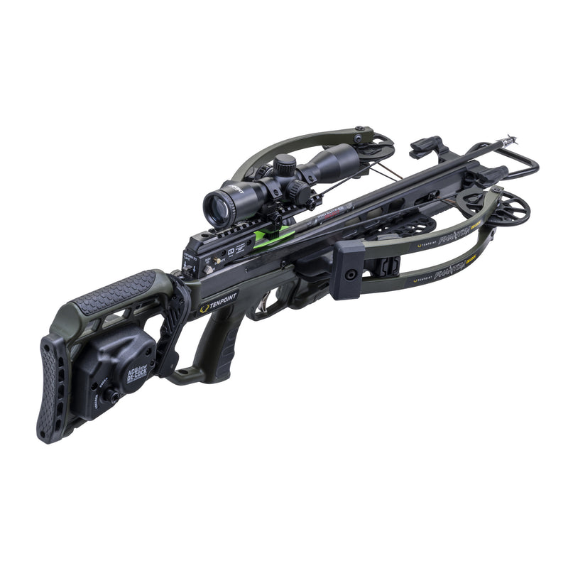 A black and dark gray crossbow with an attached scope, photographed on a clean white background.