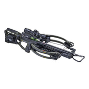 A black crossbow with an attached scope, shown on a plain white background. The crossbow features a textured grip, a stock, and a release mechanism.