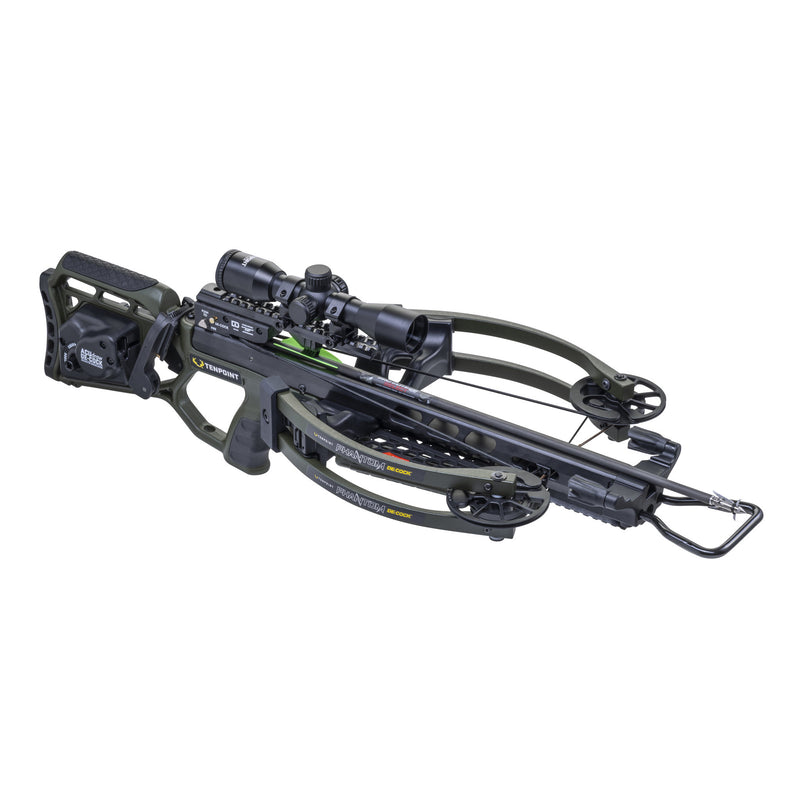 A black crossbow with an attached scope, shown on a plain white background. The crossbow features a textured grip, a stock, and a release mechanism.