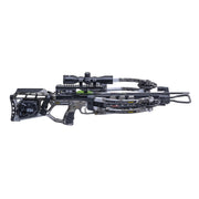 A crossbow with a camouflage stock and limbs, featuring a mounted scope, photographed against a solid white background.