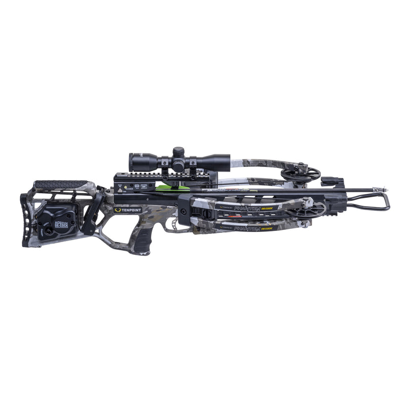A crossbow with a camouflage stock and limbs, featuring a mounted scope, photographed against a solid white background.