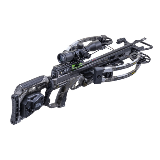 A black and camouflage crossbow with an attached scope, photographed on a clean white background.