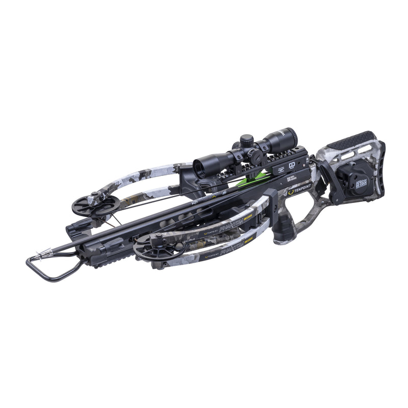 A black and gray crossbow with a camouflage-patterned limb and a mounted scope, shown on a plain white background.