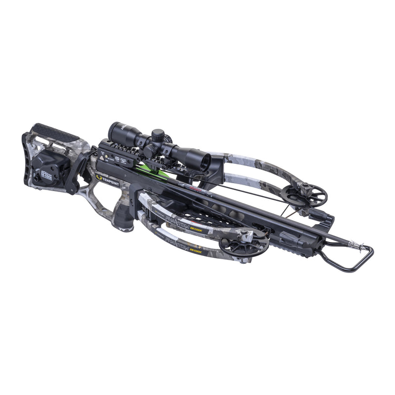 A modern crossbow with a mounted scope, shown at an angle on a plain white background.