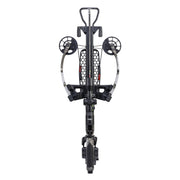 A front-facing view of a compound bow with a mounted crossbow accessory, shown on a solid white background.