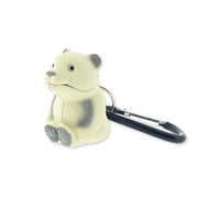Mini bear-shaped flashlight with black carabiner attached to the back against a white background. 